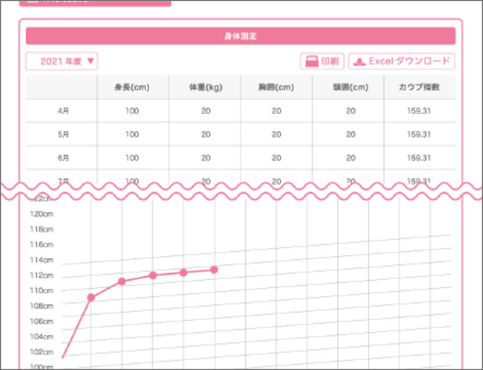 児童票・成長記録 画面