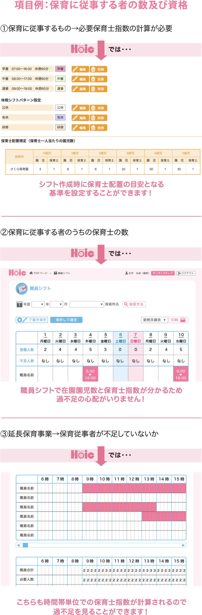 項目例：保育に従事する者の数及び資格